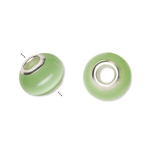 Bead, Dione&reg;, cat's eye glass (fiber optic glass) and silver-plated brass grommets, light green, 13x10mm-14x10mm rondelle. Sold per pkg of 6.