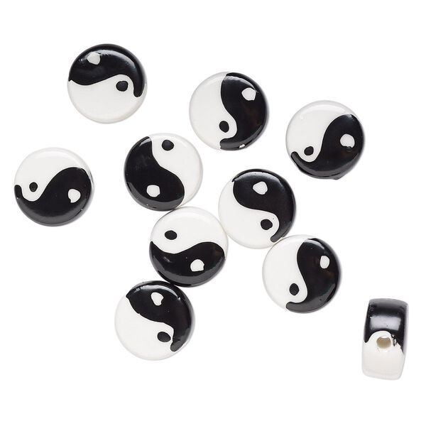 Bead, porcelain, black and white, 15mm double-sided flat round with yin-yang symbol. Sold per pkg of 10. image number 0