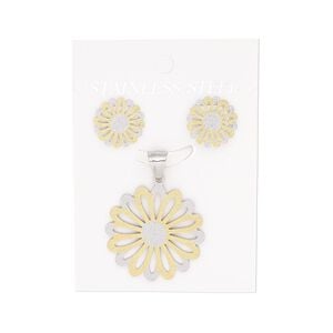 Pendant and earring, silver- and gold-finished stainless steel, 32x32mm stardust sunflower pendant, 17x17mm stardust sunflower with post. Sold per set.