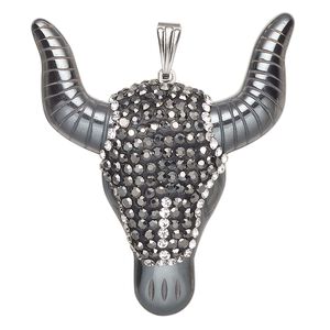 Hemalyke&trade; / brass / glass rhinestone 1pkg1, silver-finished 1-sided steer pendant 46x40mm