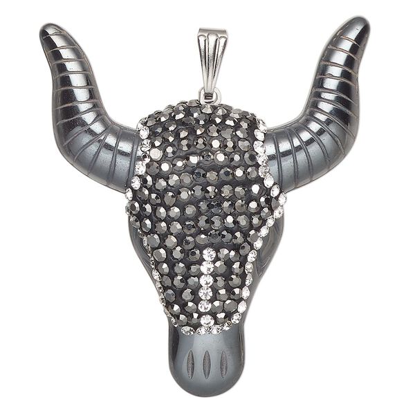 Hemalyke&trade; / brass / glass rhinestone 1pkg1, silver-finished 1-sided steer pendant 46x40mm image number 0