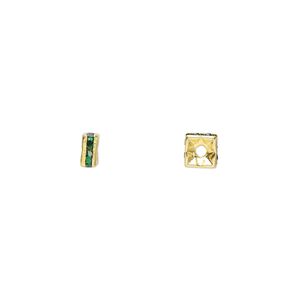 Bead 1pkg10 gold-finished, 4x2mm squaredelle, brass / emerald green rhinestone