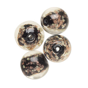 Bead, lampworked glass, black and glow-in-the-dark with gold glitter, 14mm round. Sold per pkg of 4.