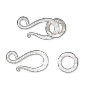 Clasp hook&eye 1pkg1 silver-plated, 21x11mm hammered / 10mm jump ring, copper 1-strand