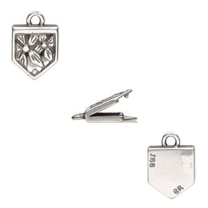 Cord end fold-over 1pkg2 silver-plated, 11x10mm pentagon / cutout flowers / 1sided / loop / 8x2mm inside diameter brass, antiqued / JBB Findings