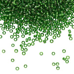 Seed bead, TOHO BEADS&reg;, glass, pkg/7.5g, #11 round, transparent silver-lined grass green (TR-11-27B).