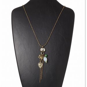 Necklace, mother-of-pearl shell (dyed) / resin / glass / brass / antiqued brass-finished steel and "pewter" (zinc-based alloy) 1pkg1, clear and green, 4.5-inch dangle with heart, 26 inches with lobster claw clasp.