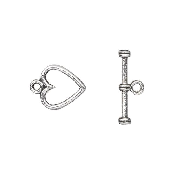 Clasp toggle 1pkg20 silver-plated "pewter" (zinc alloy), 12mm double-sided heart, antique 1-strand image number 0