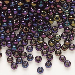 Seed bead, Miyuki, glass, pkg/250g, #6 rocaille, opaque metallic iris dark plum (RR-454).