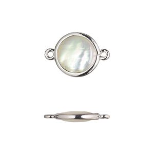 Link, mother-of-pearl shell and imitation rhodium-finished brass (assembled) 1pkg4, 12.5mm-13.5mm double-sided round.