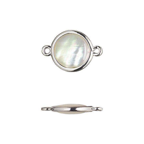 Link, mother-of-pearl shell and imitation rhodium-finished brass (assembled) 1pkg4, 12.5mm-13.5mm double-sided round. image number 0