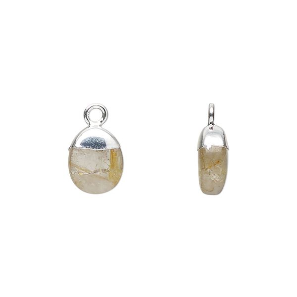 Drop 1pkg1, sterling silver / silver-plated copper / golden rutilated quartz (natural), 10x8mm hand-cut puff oval image number 0