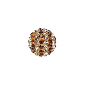 Bead, Egyptian glass rhinestone / epoxy / resin, brown and champagne, 14mm round with pav&eacute; striped design. Sold individually.
