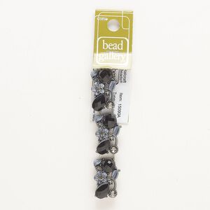 Link, gunmetal-finished "pewter" (zinc-based alloy) and glass, black / light blue / khaki, 27x17mm rectangle with flower and teardrop, 4 hidden loops, fits up to 9.5mm beads. Sold per pkg of 3.