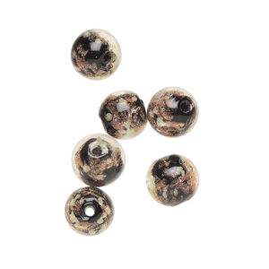 Bead, lampworked glass, clear / black / glow-in-the-dark / gold, 8mm round. Sold per pkg of 6.