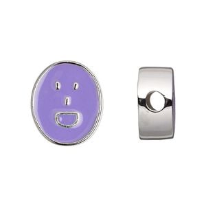 Bead 1pkg1 silver-finished "pewter", 18x16mm flat oval / laughing face / 2sided, enamel light purple