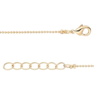 Chain, gold-finished brass, 1mm ball, 16 inches with 1-inch extender chain and lobster claw clasp. Sold per pkg of 4.