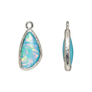 Drop, Opalized Ice&trade;, "opal" (resin) and imitation rhodium-finished brass, opaque light blue, 19.5x11mm double-sided wing. Sold per pkg of 4.
