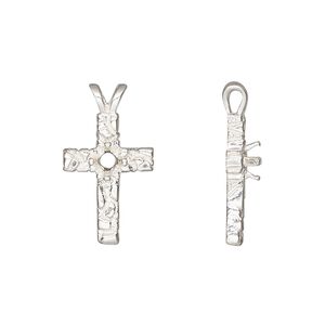 Pendant, Sure-Set&trade;, sterling silver, 21.5x12mm cross with 4mm pre-notched 4-prong round setting. Sold individually.