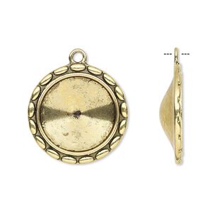 Drop, Almost Instant Jewelry&reg;, antique gold-finished "pewter" (zinc-based alloy), 24mm round with scalloped design and 18mm rivoli setting. Sold per pkg of 6.