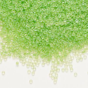 Seed bead, Miyuki, glass, pkg/250g, #15 rocaille, translucent light green-lined luster crystal clear (RR-228).
