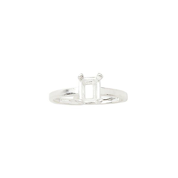 Ring, Sure-Set&trade;, sterling silver, 7x5mm 4-prong emerald-cut basket setting, size 6. Sold individually. image number 0