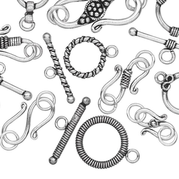Clasp mix toggle / S-hook 1pkg20 silver-plated, 19x14mm-52x44, copper antique 1-strand image number 0