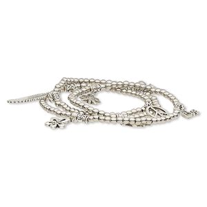 Bracelet, stretch wrap, antique silver-coated acrylic and antique silver-plated "pewter" (zinc-based alloy), 6-1/2 inches. Sold individually.