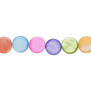 Bead, freshwater pearl shell (dyed), mixed colors, 8mm flat round, Mohs hardness 3-1/2. Sold per 15-1/2" to 16" strand.