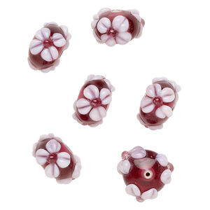 Bead, lampworked glass 1pkg6, translucent purple / light purple, 18x11mm rondelle with flowers.