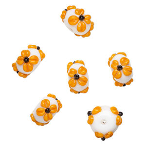 Bead, lampworked glass 1pkg6, opaque white / orange / black, 18x11mm rondelle with flowers.
