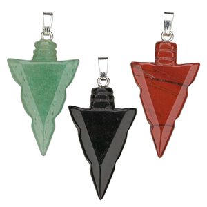 Multi-gemstone / brass 1pkg100, silver-plated arrowhead pendant mix 30x17mm