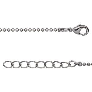 Chain, gunmetal-plated brass, 1.5mm ball, 36 inches with 1-inch extender chain and lobster claw clasp. Sold per pkg of 2.