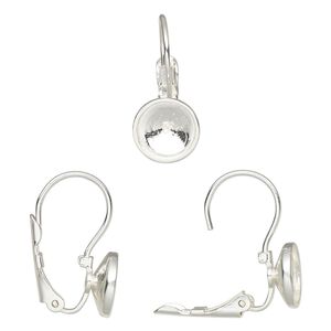 Ear wire leverback 1pkg2 Almost instant jewelry&reg; sterling silver, 21.5mm / SS39 rivoli glue-in setting, 1 pair