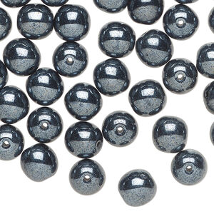 Bead, Czech glass druk 1pkg50, opaque hematite, 8mm round.