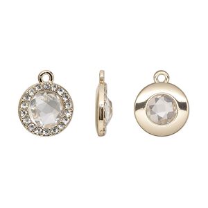 Drop, glass / glass rhinestone / gold-finished "pewter" (zinc-based alloy), transparent clear, 15.5mm single-sided round. Sold per pkg of 2.