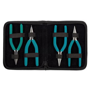 Pliers set, Wubbers&reg;, pkg/set of 4, chain-nose / round-nose / bent chain-nose / flat-nose, stainless steel and rubber, teal green, 6.25 inches.