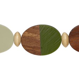 Bead, yellow boxwood and resin (assembled), light green / green / dark green, 23x18mm oval. Sold per 6-inch strand, approximately 6 beads.