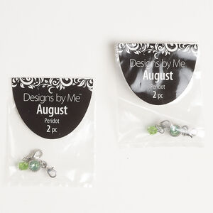 Drop assortment August 2pkg2, glass / antique silver-finished "pewter" (zinc alloy) / brass / steel, peridot green, 22x7mm bicone with lobster claw clasp / 24x9mm round with lobster claw clasp.