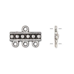 Drop, antique silver-plated "pewter" (zinc-based alloy), 18x5mm single-sided rectangle with 3 loops. Sold per pkg of 10.
