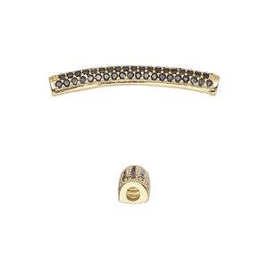 Bead 1pkg1 gold-finished, 28x4mm curved tube, brass / black cubic zirconia