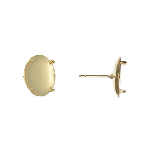 Earstud 1pkg100 gold-plated, 13mm round flat pad / 12mm 4-prong round setting, steel / stainless steel 50 pair