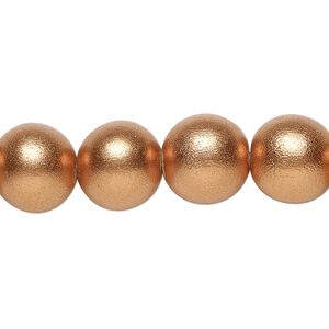 Bead 1pkg1, Taiwanese cheesewood (coated), painted metallic copper, 11-12mm round, 15-1/2 to 16 inches.
