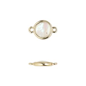 Link, mother-of-pearl shell and gold-finished brass (assembled) 1pkg4, 9.5mm-10.5mm double-sided round.