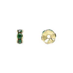 Bead 1pkg10 gold-finished, 7x3mm rondelle, brass / emerald green rhinestone