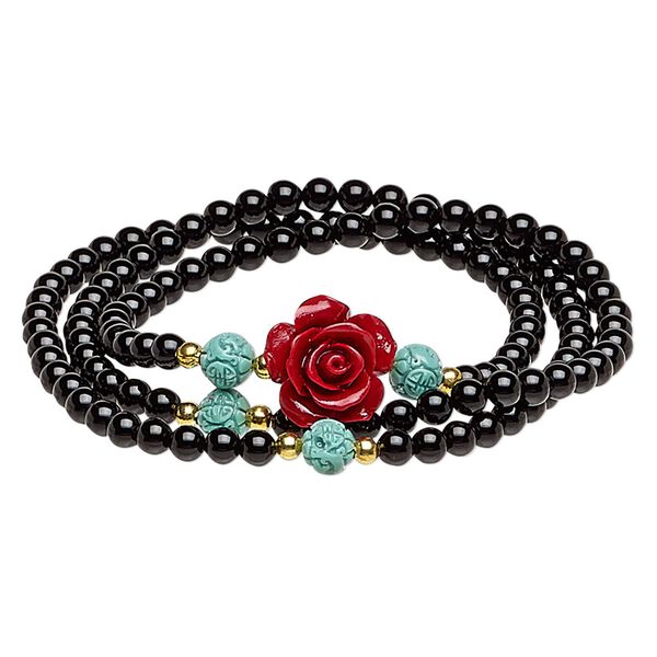 Black onyx / resin / steel 1pkg1, gold-finished hand-cut rose stretch wrap bracelet 7 inch / 15mm image number 0
