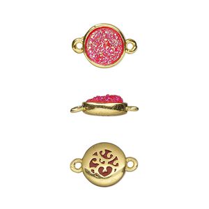 Link, Druzylite&trade;, "druzy" (resin) and gold-finished brass, hot pink, 9.5mm two-sided round with open filigree back. Sold per pkg of 4.