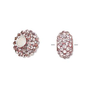 Bead 1pkg1 sterling silver, 13x8mm-14x8mm rondelle, epoxy / glass rhinestone / pink Dione&reg;