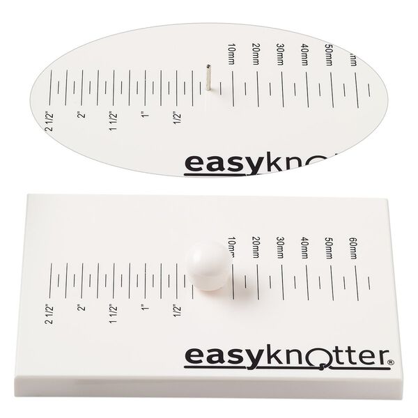Cord knotter, easyknotter&reg; 1pkg1, plastic and steel, white and black, 6 x 4 x 1/2 inch flat rectangle with 1/4 inch markings and 1/2 inch pin. image number 0