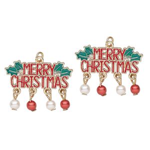 Focal, gold-finished "pewter" (zinc-based alloy) / glass / enamel / acrylic, clear and multicolored, 34x26mm Merry Christmas. Sold per pkg of 2.